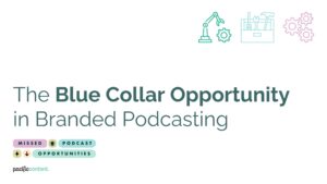 On a white background, the text reads "The Blue Collar Opportunity in Branded Podcasting". There is a subheader that reads "Missed Podcast Opportunities". In the top right corner, there are some graphics of construction tools.