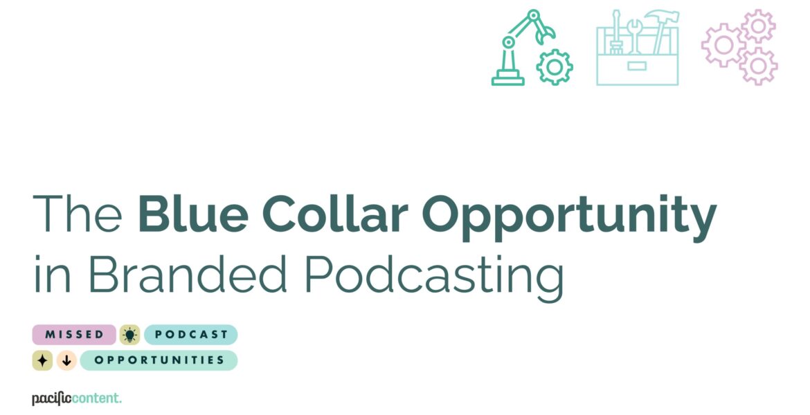 On a white background, the text reads "The Blue Collar Opportunity in Branded Podcasting". There is a subheader that reads "Missed Podcast Opportunities". In the top right corner, there are some graphics of construction tools.