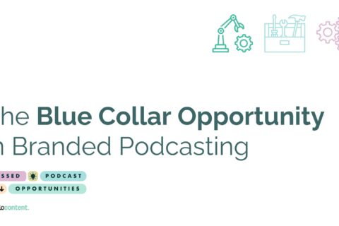 On a white background, the text reads "The Blue Collar Opportunity in Branded Podcasting". There is a subheader that reads "Missed Podcast Opportunities". In the top right corner, there are some graphics of construction tools.