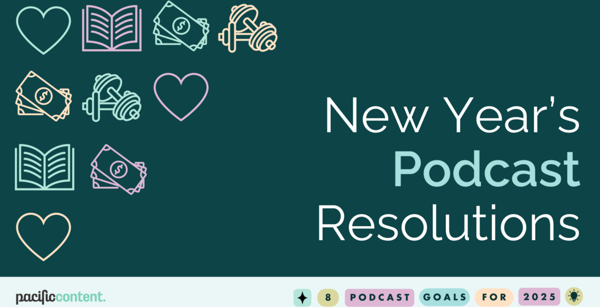 A graphic reading "New Year's Podcast Resolutions" with graphic elements including hand weights, a book, cash, and a heart. At the bottom, text reads "8 podcast goals for 2025"