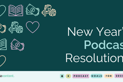 A graphic reading "New Year's Podcast Resolutions" with graphic elements including hand weights, a book, cash, and a heart. At the bottom, text reads "8 podcast goals for 2025"