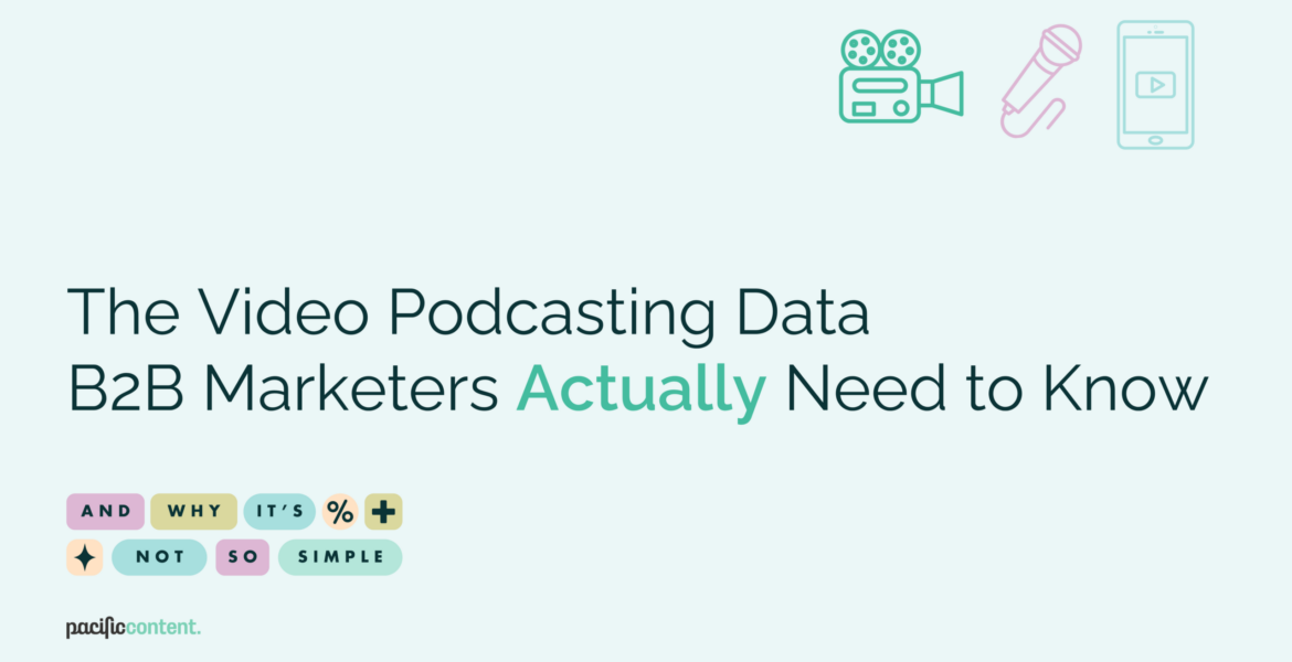 A graphic with text reading "The Video Podcasting Data B2B Marketers Actually Need to Know". Smaller bubbles at the bottom read "And Why It's Not So Simple". There's a graphic of a video camera, a microphone, and a cell phone with a video play screen in the top right-hand corner.