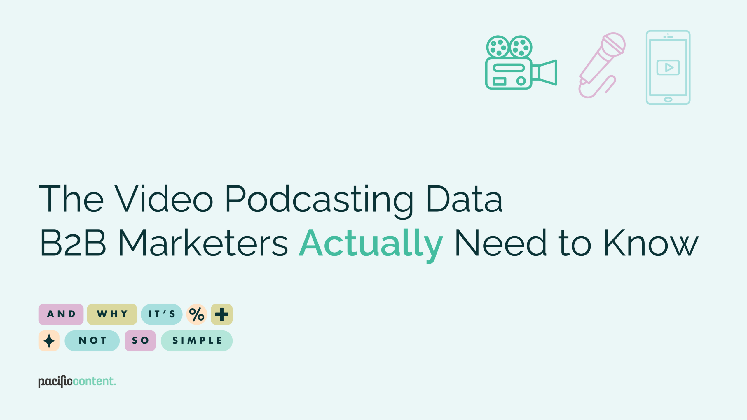 A graphic with text reading "The Video Podcasting Data B2B Marketers Actually Need to Know". Smaller bubbles at the bottom read "And Why It's Not So Simple". There's a graphic of a video camera, a microphone, and a cell phone with a video play screen in the top right-hand corner.